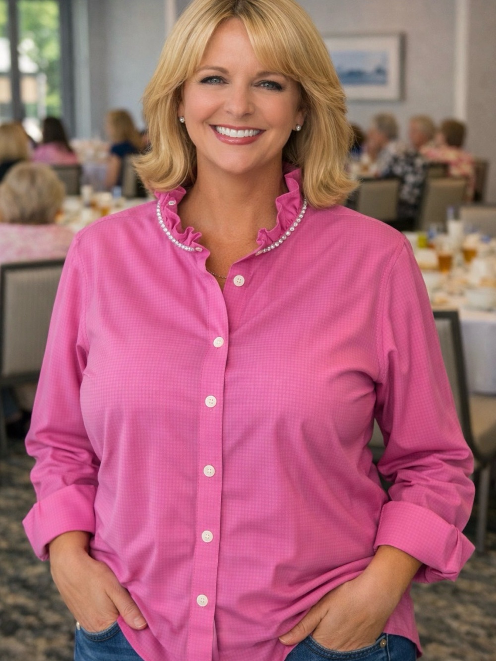 Upcycled Ruffle Collar Button Down Shirt & rhinestone trim Pink Woman’s Large